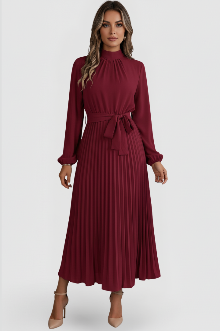 Vestito plissettato donna con maniche lunghe e laccio in vita