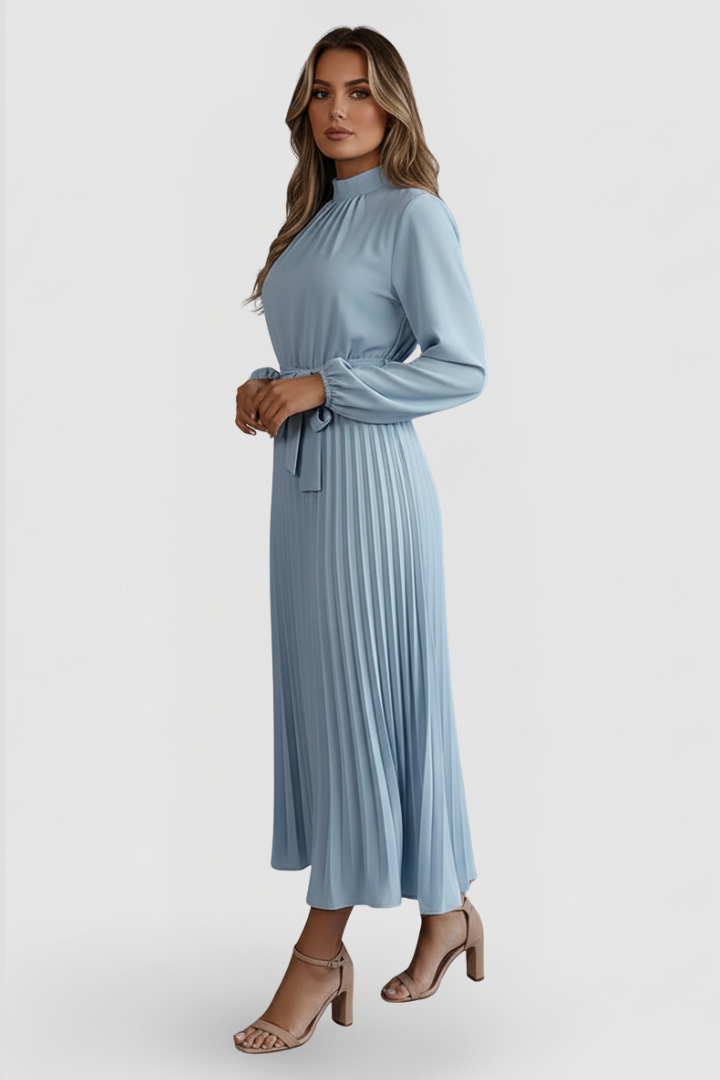 Vestito plissettato donna con maniche lunghe e laccio in vita