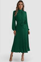 Vestito plissettato donna con maniche lunghe e laccio in vita
