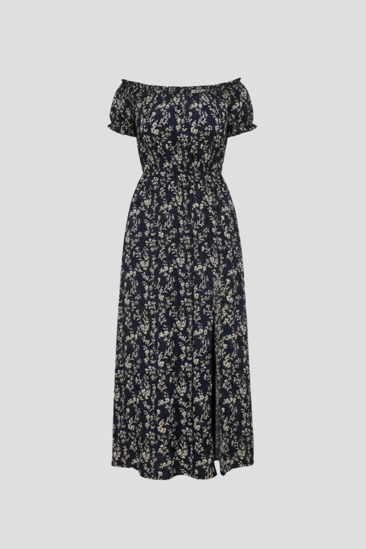 Vestito maxi donna con spalle scoperte e spacchi laterali