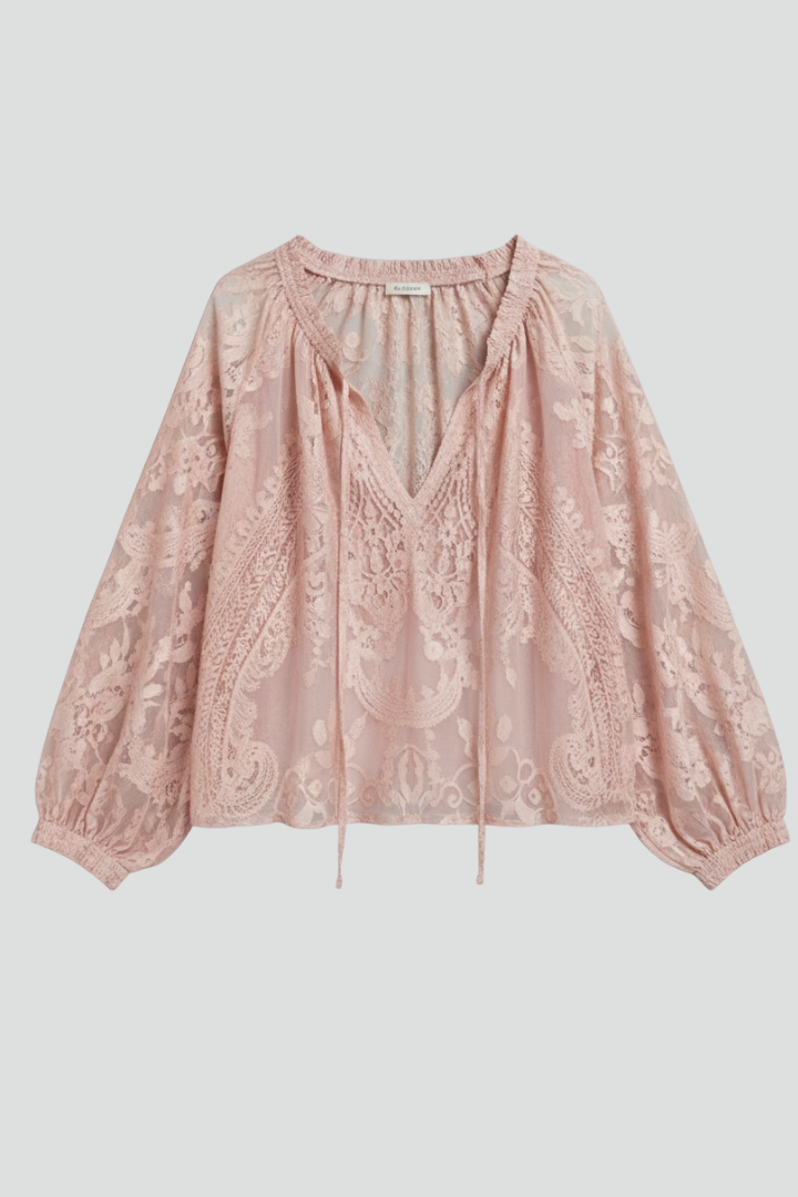 Blouse femme à détails en dentelle et col à nouer