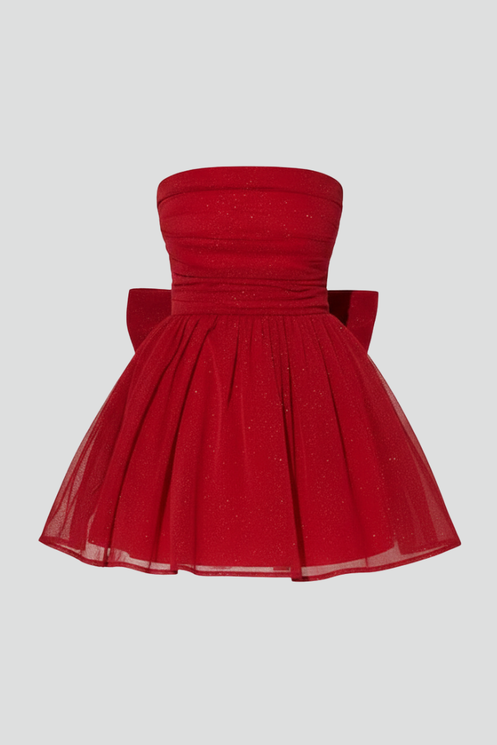 Rochie mini de damă cu fundă decorativă și croială fără bretele