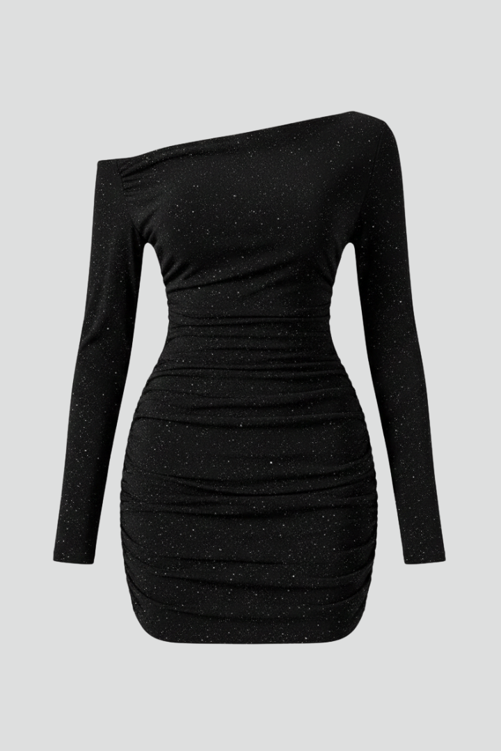 Vestido mini de mulher com um ombro a descoberto e franzidos
