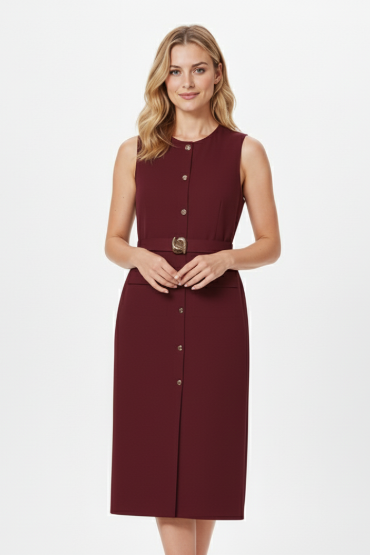 Vestido midi de mulher sem mangas, com cinto na cintura e botões