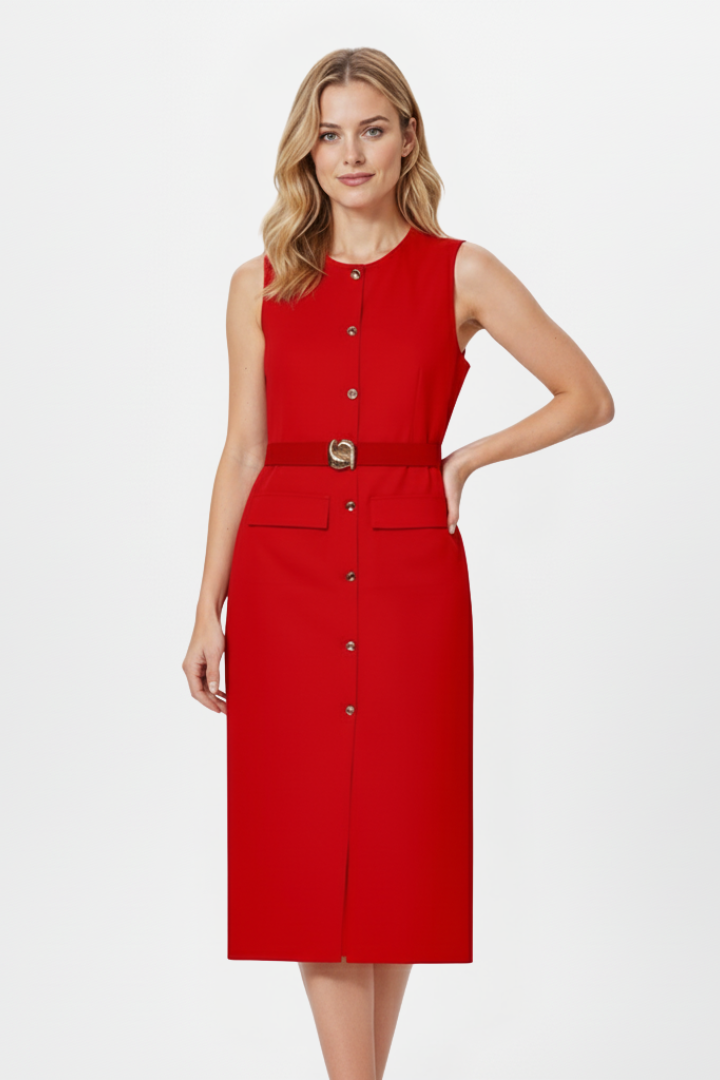 Vestido midi de mulher sem mangas, com cinto na cintura e botões