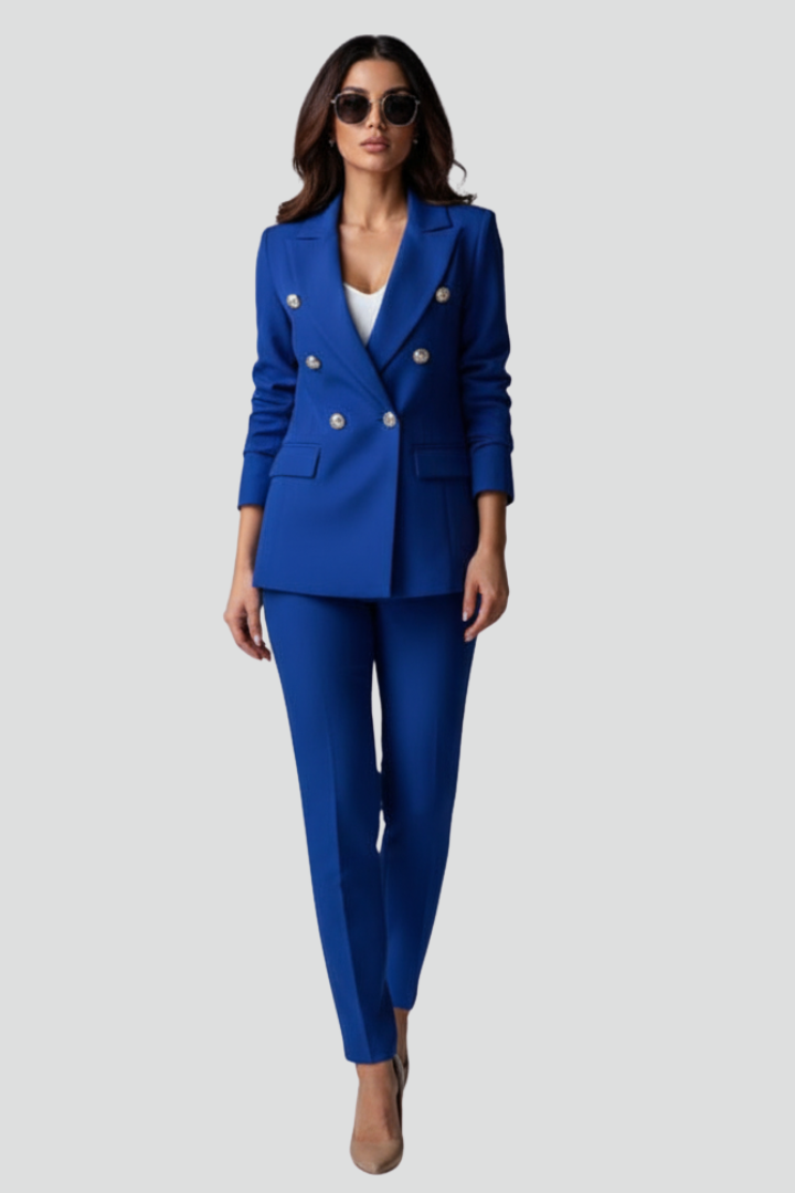 Jakkesæt til damer med dobbeltradet blazer og lige bukser