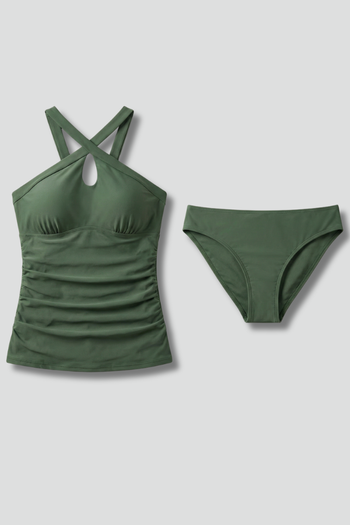 Completo tankini donna con scollo incrociato e arricciature sul davanti