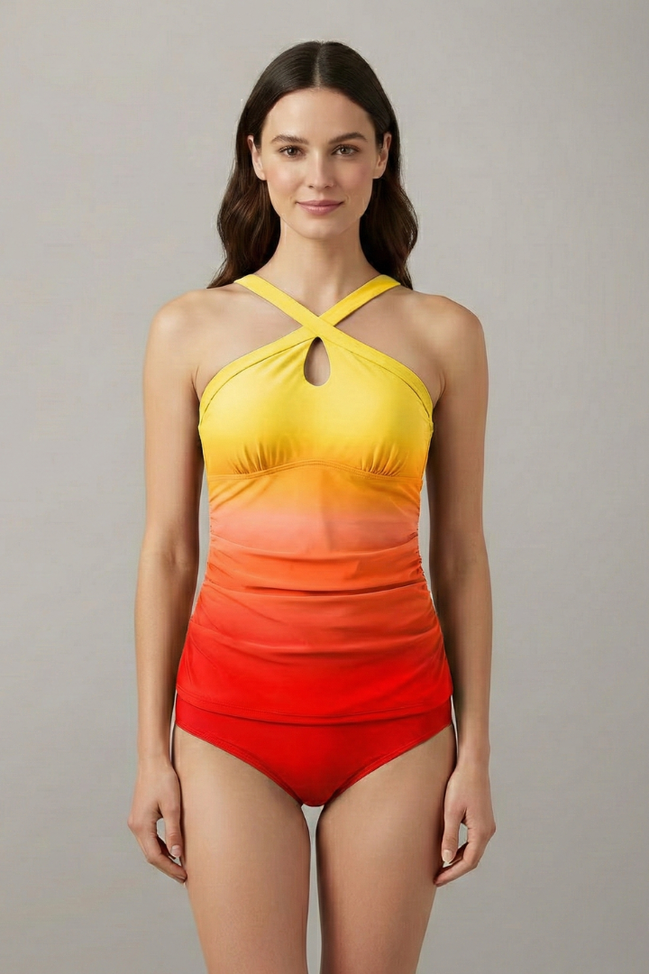 Completo tankini donna con scollo incrociato e arricciature sul davanti
