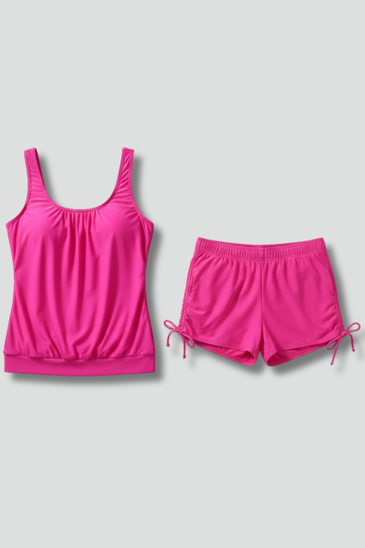Completo tankini donna scollo a barchetta e shorts con cordoncino