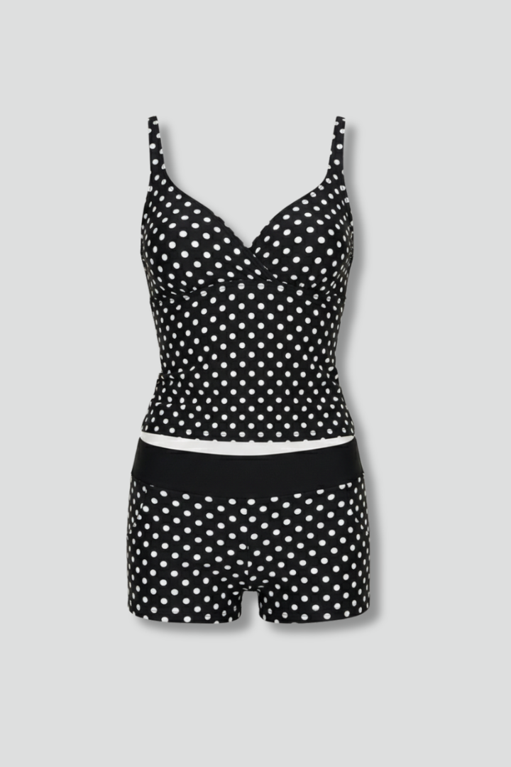Damski Komplet Tankini z Topem Wrap i Szortami - Czarny