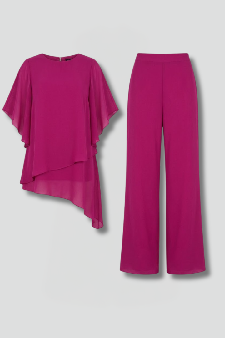 Completo donna con fondo asimmetrico e pantaloni a gamba ampia