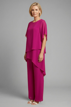 Ensemble femme avec bas asymétrique et pantalon à jambes larges