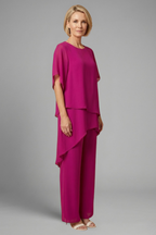 Ensemble femme avec bas asymétrique et pantalon à jambes larges