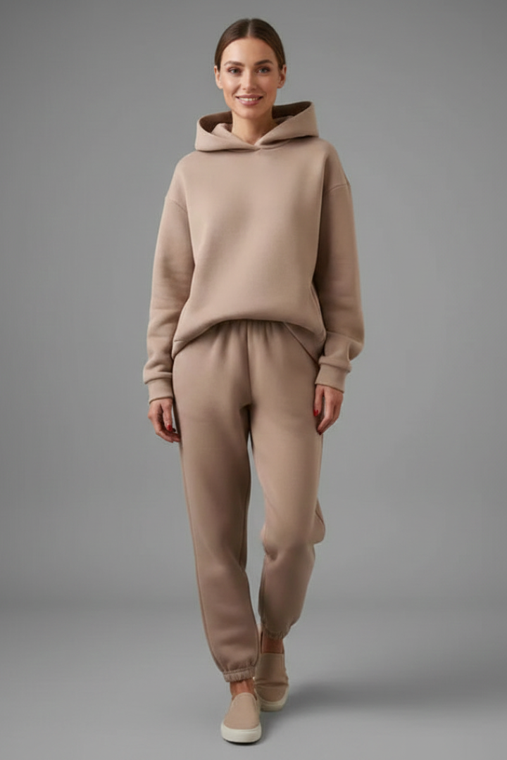 Completo due pezzi donna con felpa con cappuccio e pantaloni con vita elastica