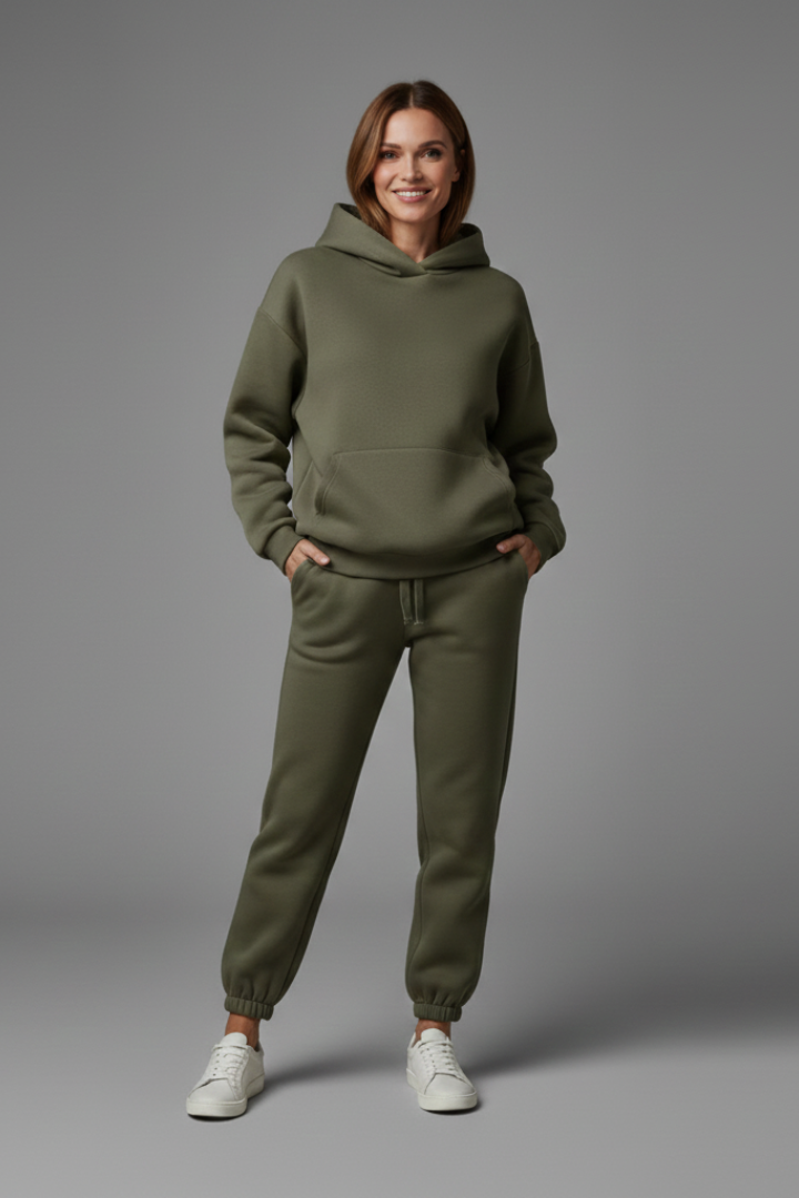 Completo due pezzi donna con felpa con cappuccio e pantaloni con vita elastica
