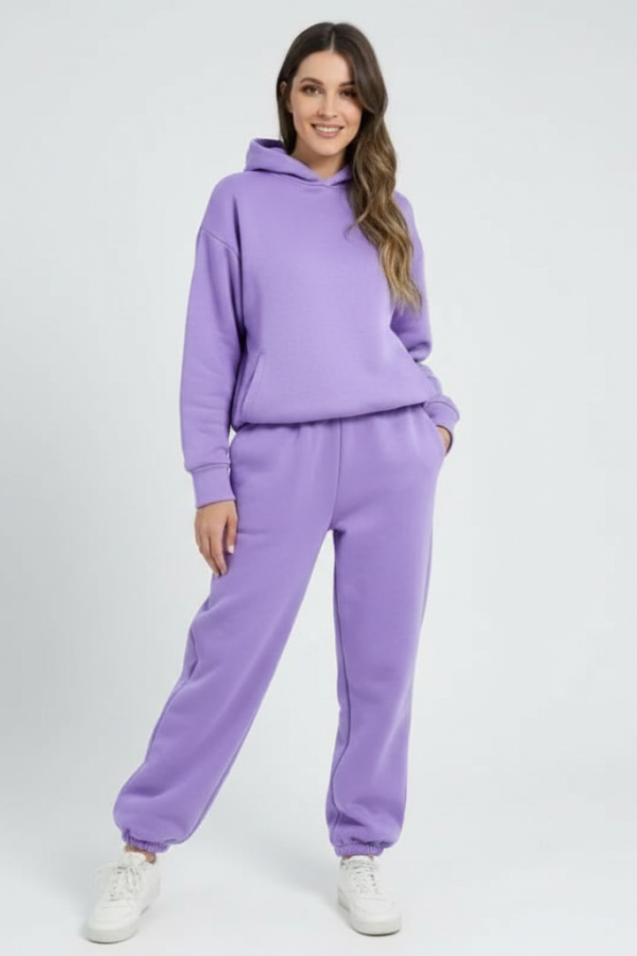 Completo due pezzi donna con felpa con cappuccio e pantaloni con vita elastica