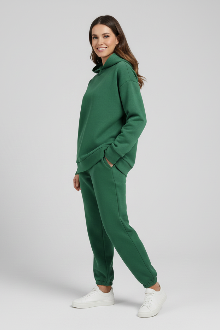 Completo due pezzi donna con felpa con cappuccio e pantaloni con vita elastica