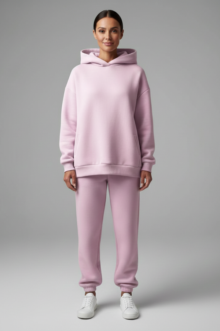 Completo due pezzi donna con felpa con cappuccio e pantaloni con vita elastica