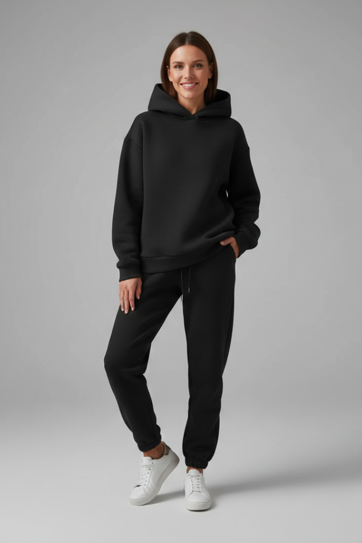 Completo due pezzi donna con felpa con cappuccio e pantaloni con vita elastica
