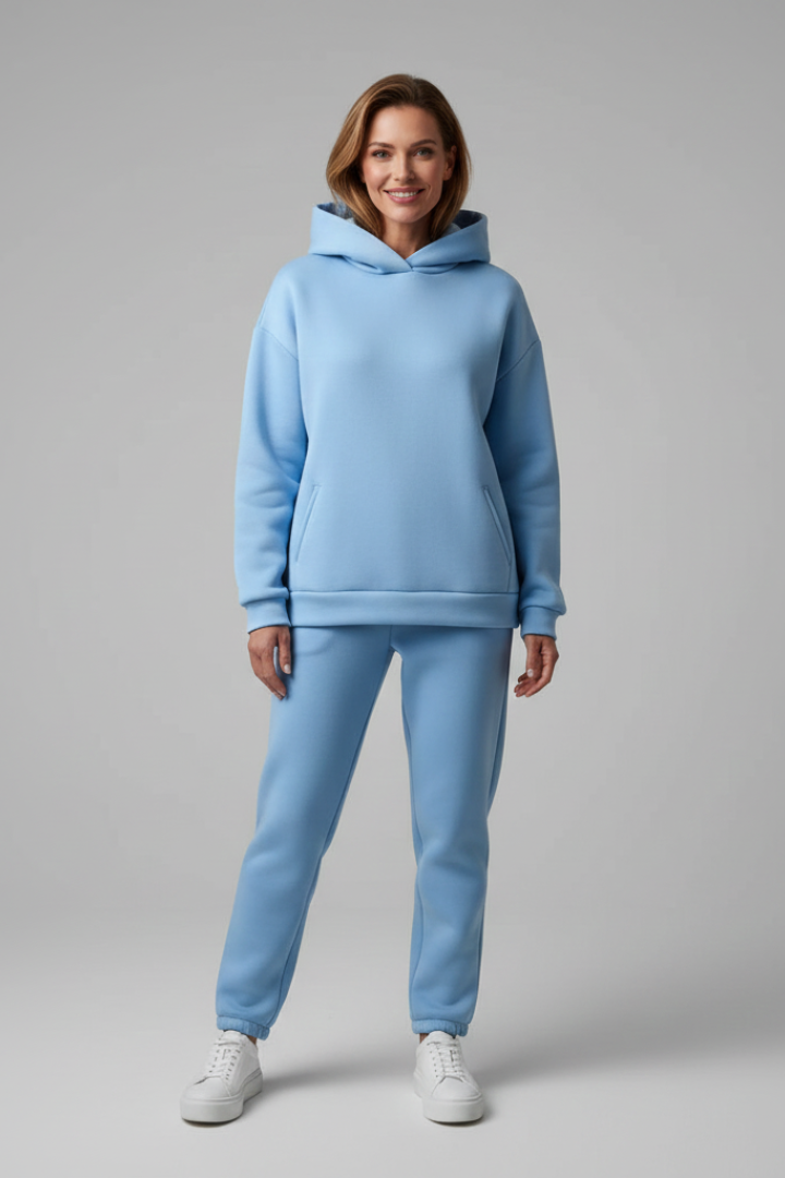 Completo due pezzi donna con felpa con cappuccio e pantaloni con vita elastica