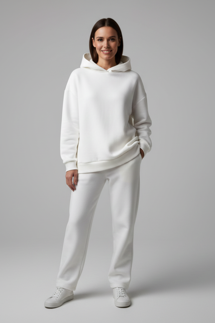 Completo due pezzi donna con felpa con cappuccio e pantaloni con vita elastica