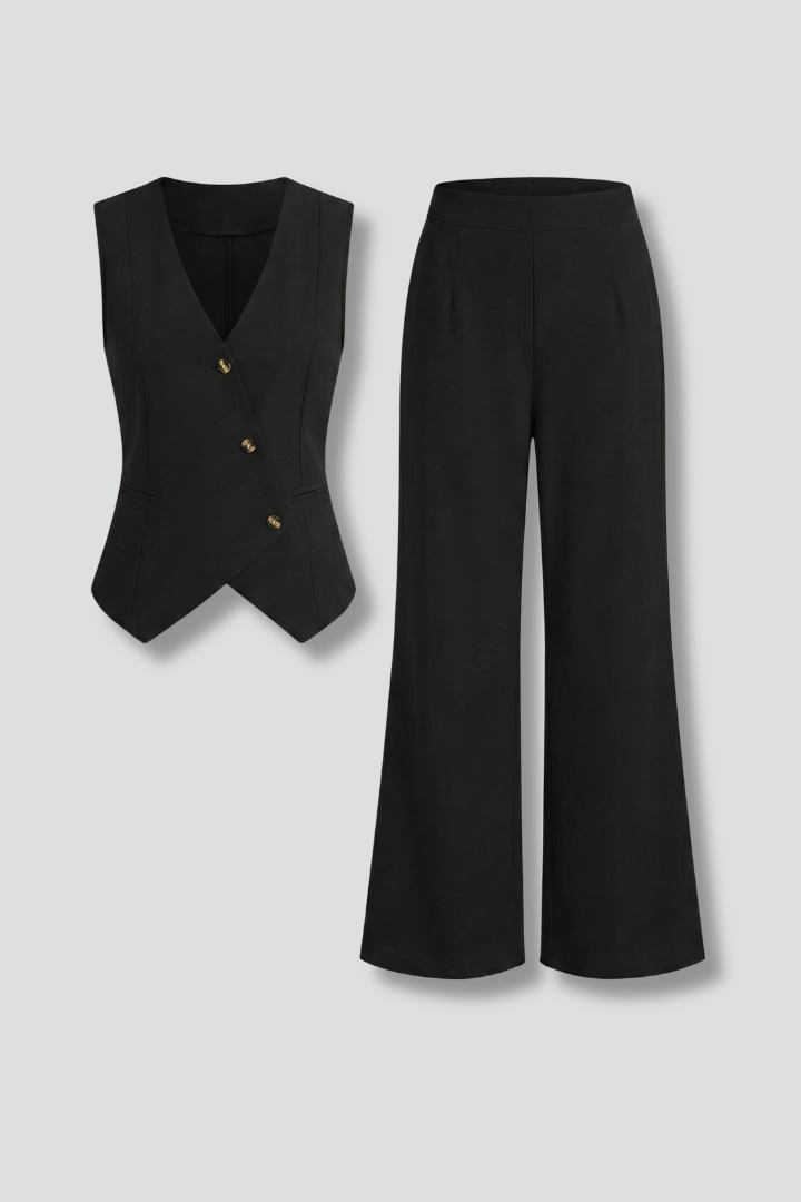 Completo donna con gilet senza maniche e pantaloni ampi