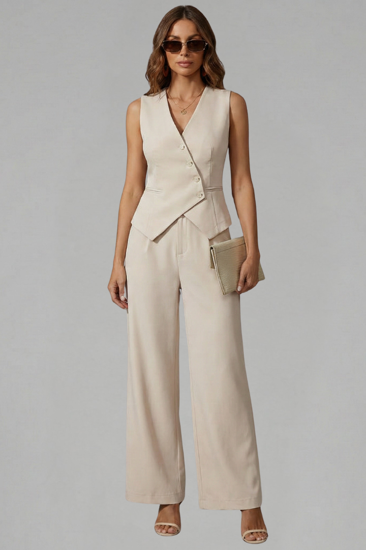 Completo donna con gilet senza maniche e pantaloni ampi