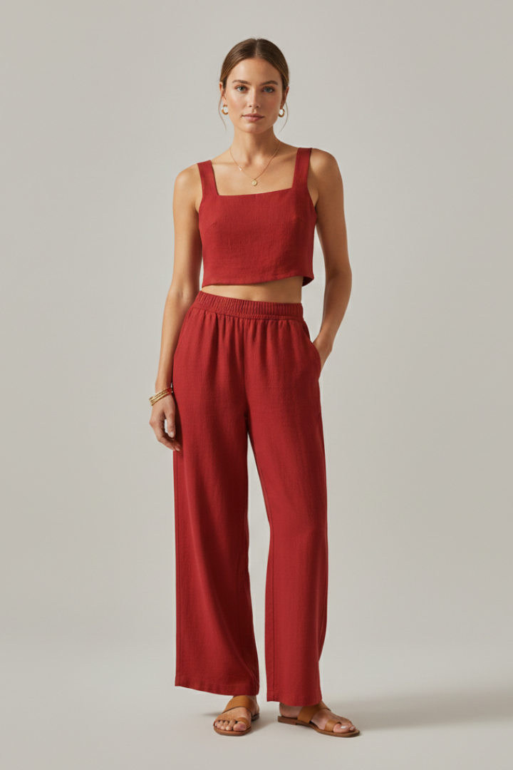 Conjunto de mulher com top de alças e calças largas