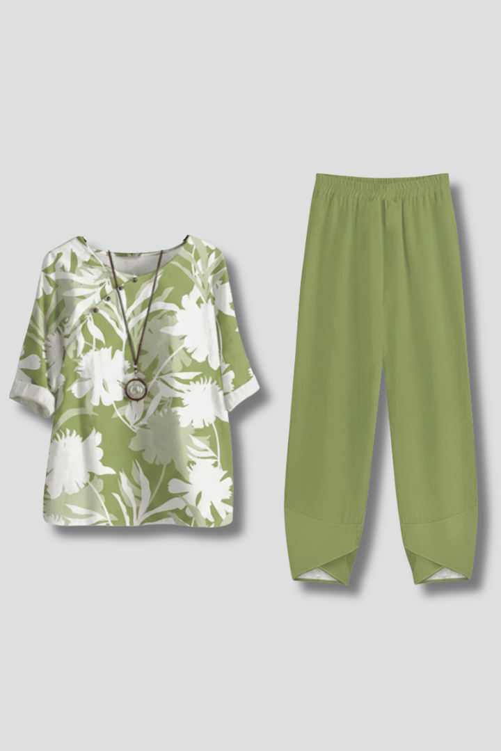 Completo due pezzi donna con top floreale e pantaloni
