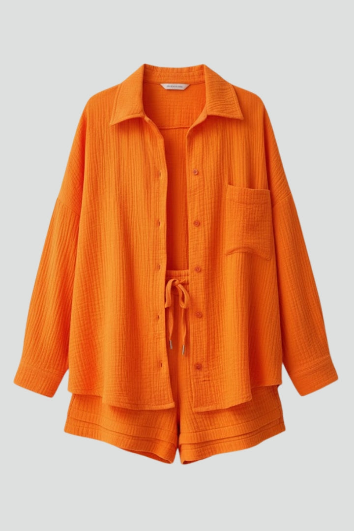 Completo due pezzi donna con camicia oversize e shorts in mussola