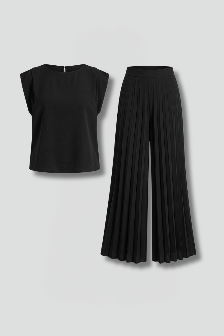 Completo due pezzi donna con pantaloni plissettati e top morbido