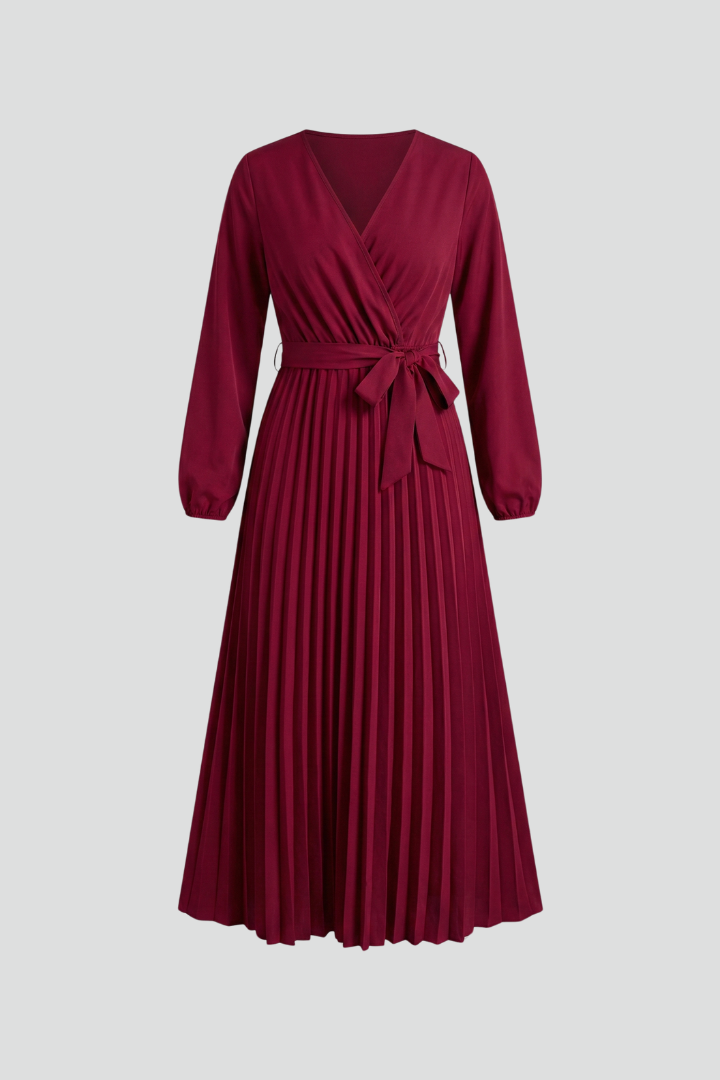 Vestito maxi donna con scollo a V, parte inferiore plissettata e laccio in vita