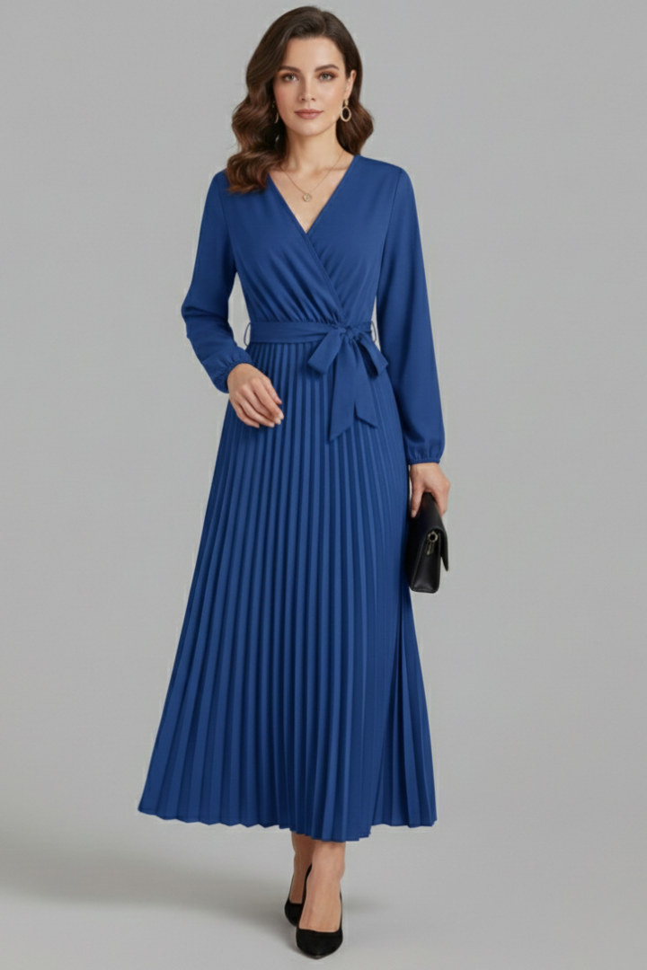 Vestito maxi donna con scollo a V, parte inferiore plissettata e laccio in vita