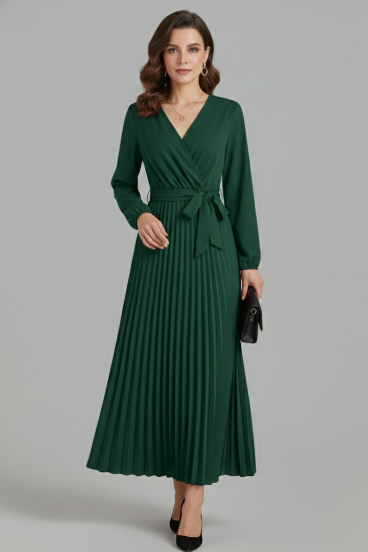 Vestito maxi donna con scollo a V, parte inferiore plissettata e laccio in vita