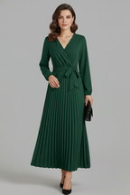 Vestito maxi donna con scollo a V, parte inferiore plissettata e laccio in vita