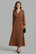 Vestito maxi donna con scollo a V, parte inferiore plissettata e laccio in vita