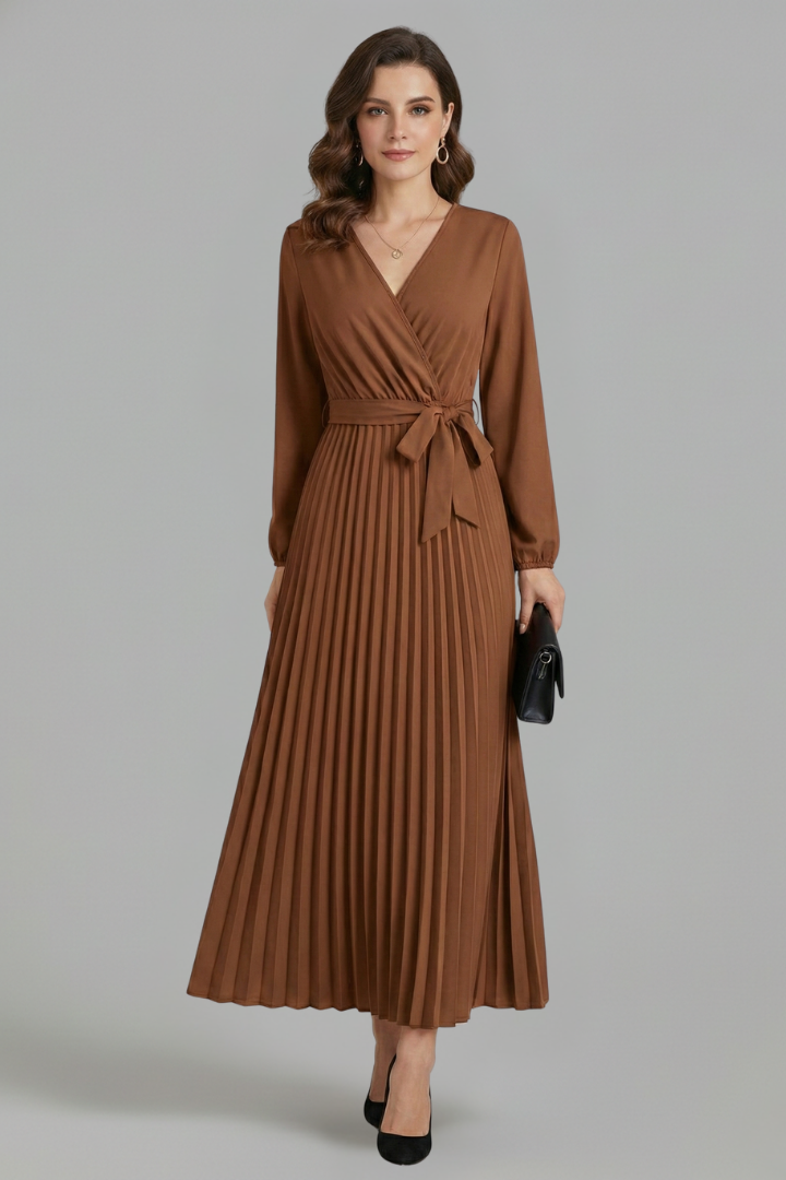 Vestito maxi donna con scollo a V, parte inferiore plissettata e laccio in vita