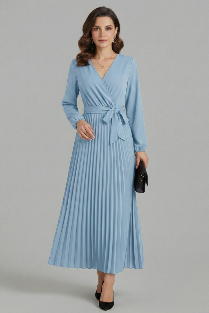 Vestito maxi donna con scollo a V, parte inferiore plissettata e laccio in vita