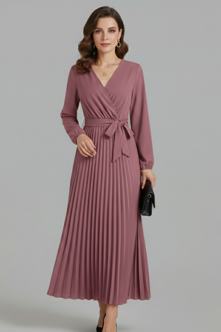 Vestito maxi donna con scollo a V, parte inferiore plissettata e laccio in vita