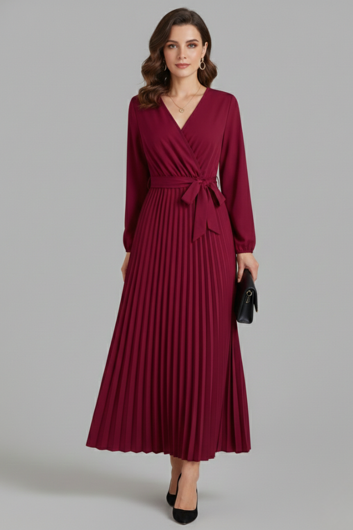 Vestito maxi donna con scollo a V, parte inferiore plissettata e laccio in vita