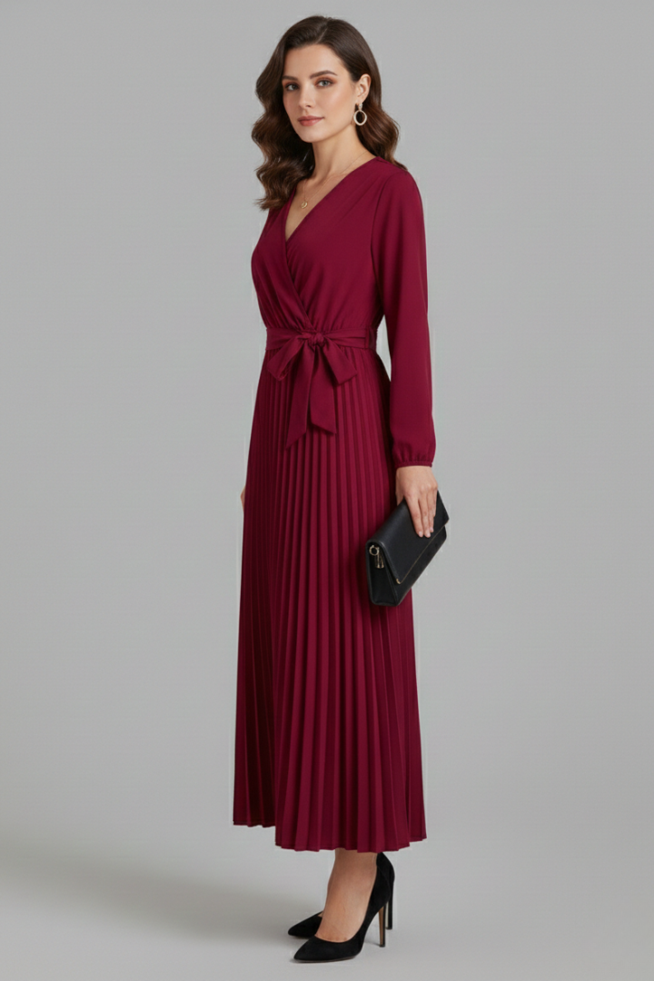 Vestito maxi donna con scollo a V, parte inferiore plissettata e laccio in vita