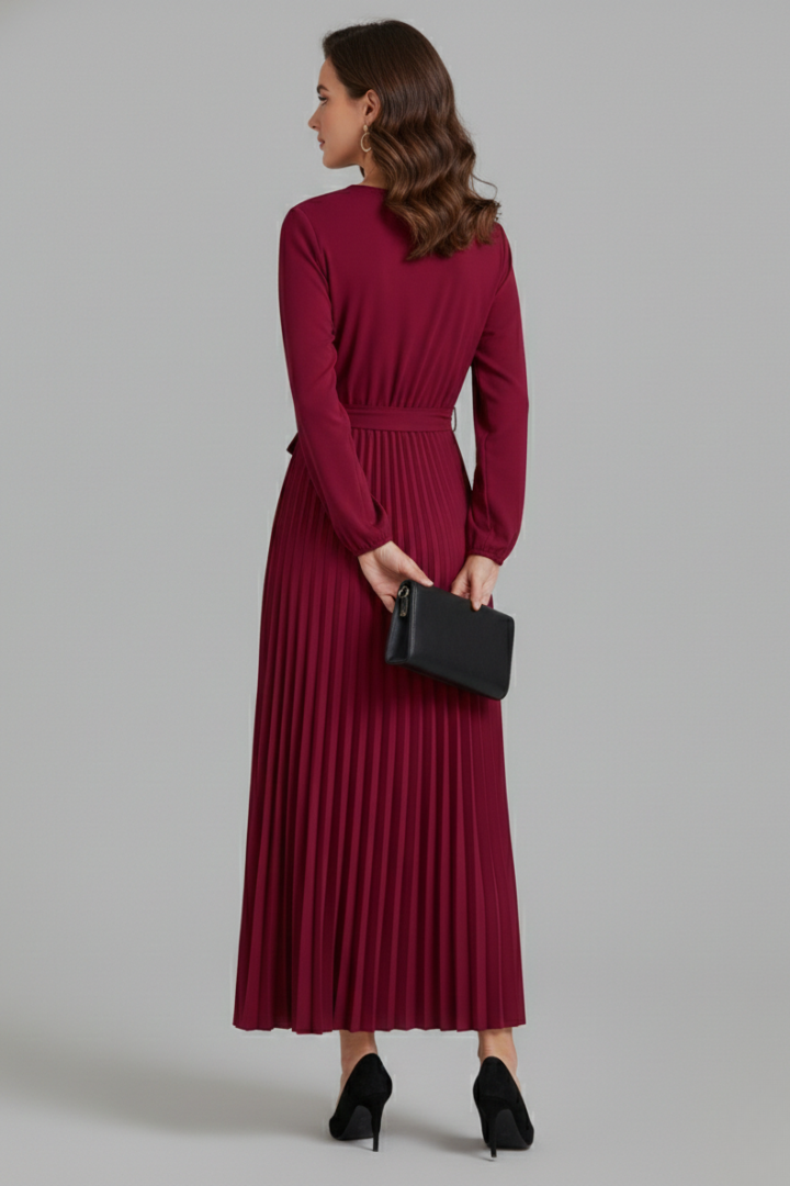 Vestito maxi donna con scollo a V, parte inferiore plissettata e laccio in vita