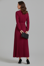 Vestito maxi donna con scollo a V, parte inferiore plissettata e laccio in vita