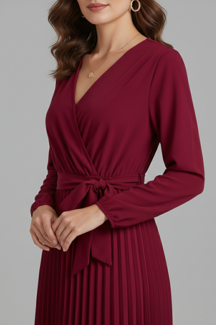 Vestito maxi donna con scollo a V, parte inferiore plissettata e laccio in vita