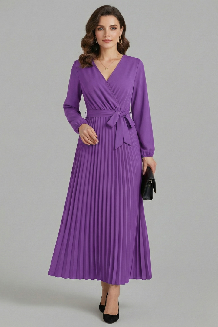 Vestito maxi donna con scollo a V, parte inferiore plissettata e laccio in vita