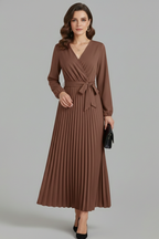 Vestito maxi donna con scollo a V, parte inferiore plissettata e laccio in vita