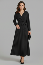 Vestito maxi donna con scollo a V, parte inferiore plissettata e laccio in vita