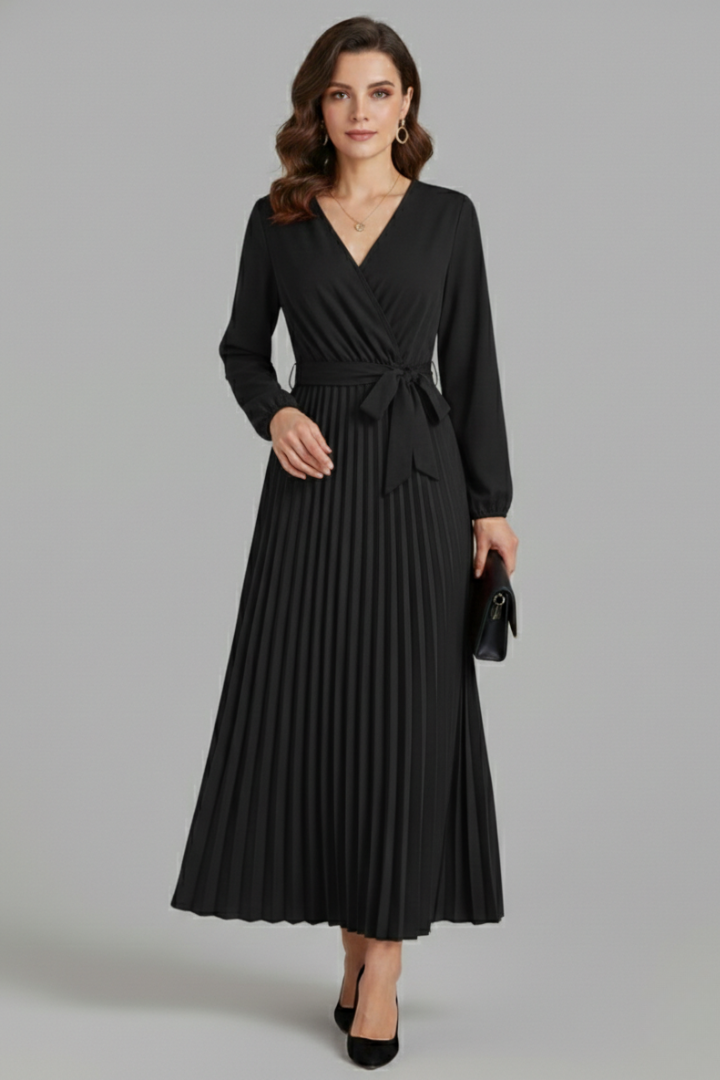 Vestito maxi donna con scollo a V, parte inferiore plissettata e laccio in vita