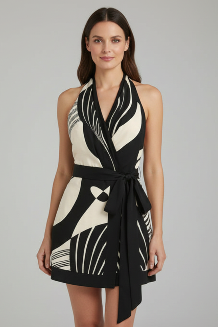 Vestido de mulher com decote halter e cinto de atar