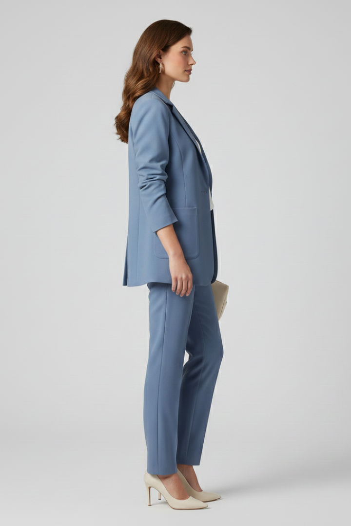 Blazer comprido de mulher com gola entalhada e bolsos de remendo